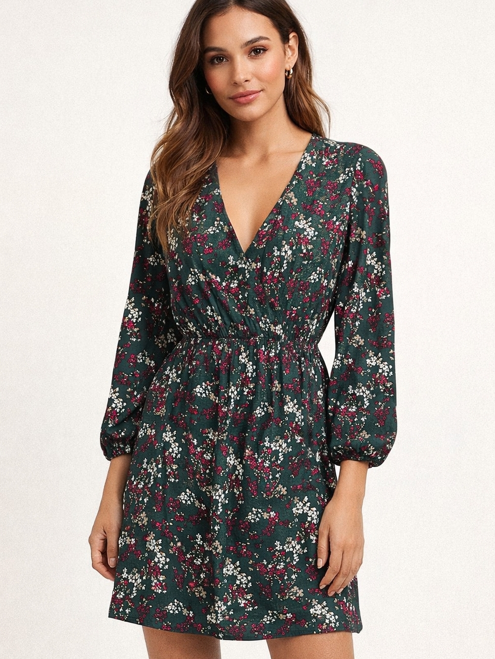 Forever 21 Dark Green Floral Long Sleeve V-Neck Mini Dress with Burgundy Accents